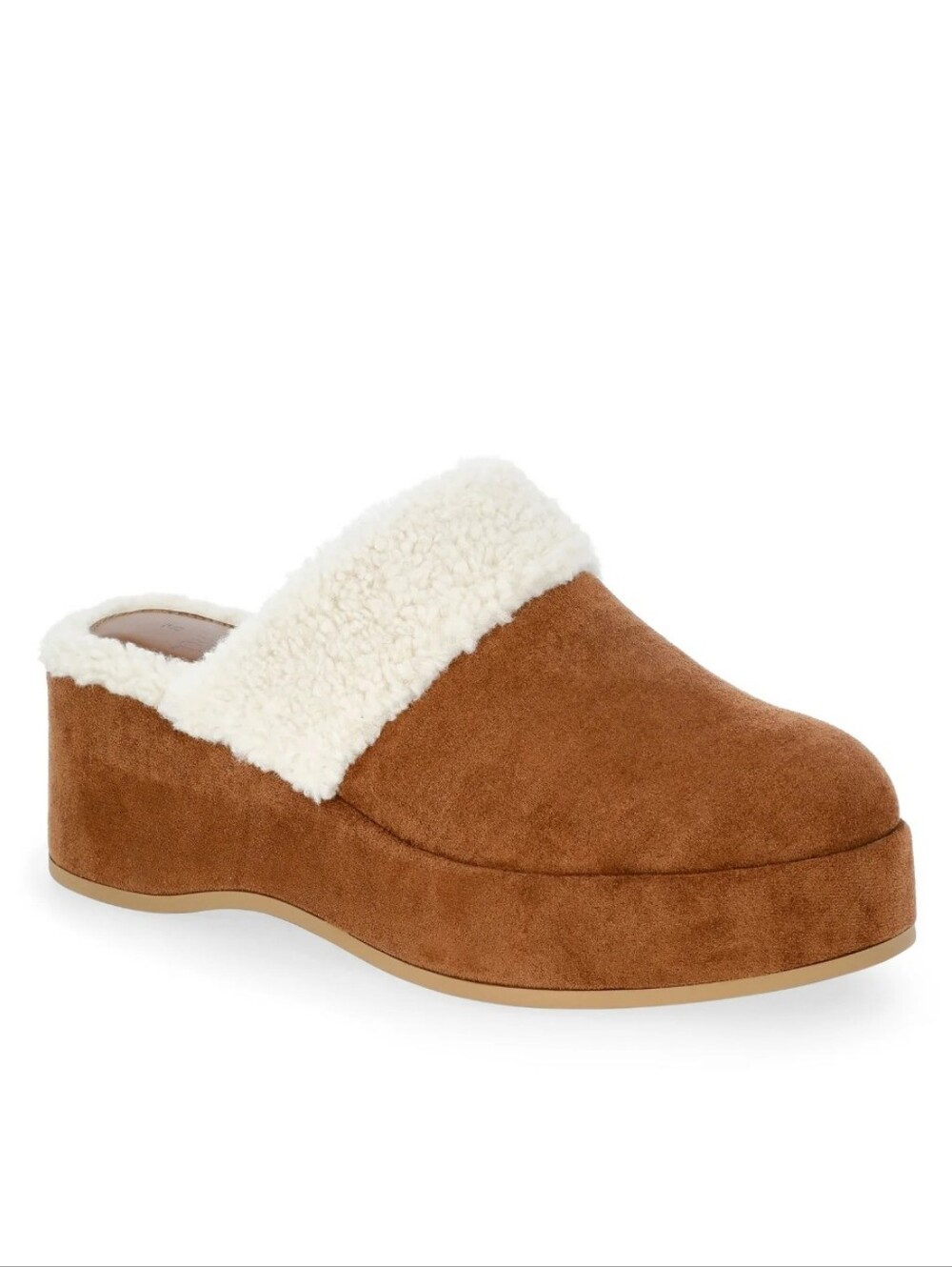 Time and Tru Women's Chestnut Suede Faux-Shearling Platform Mule